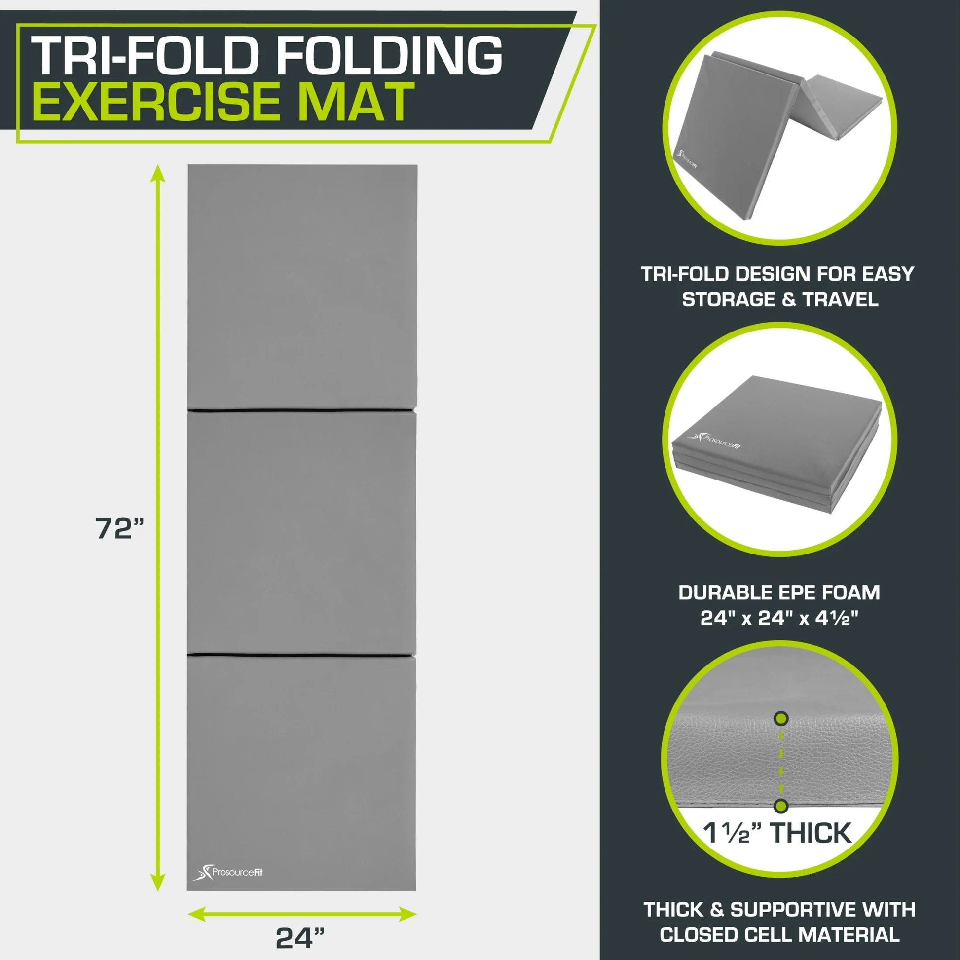 Tri-Fold Folding Exercise Mat 6X2-In, Grey